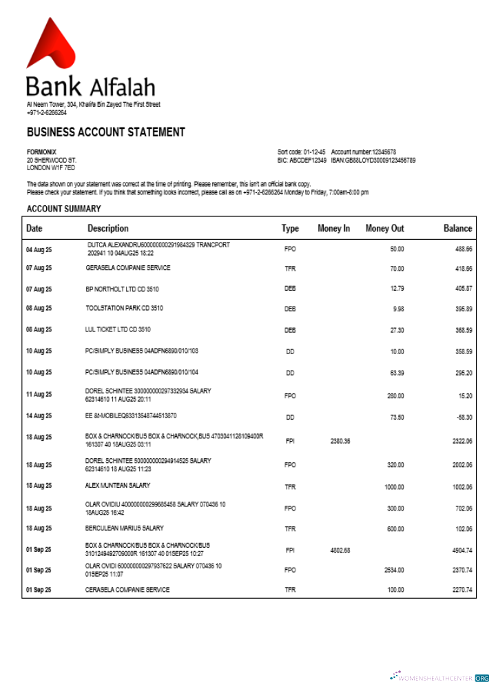 UAE Abu Dhabi Bank Alfalah company checking account statement Word and PDF template